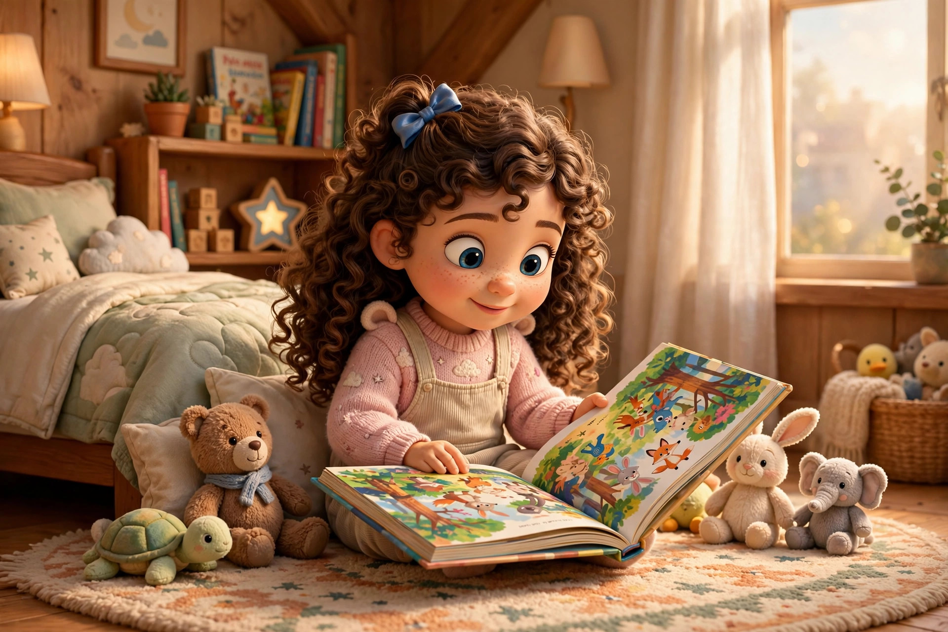 Amelia reading a colorful picture book in a cozy bedroom