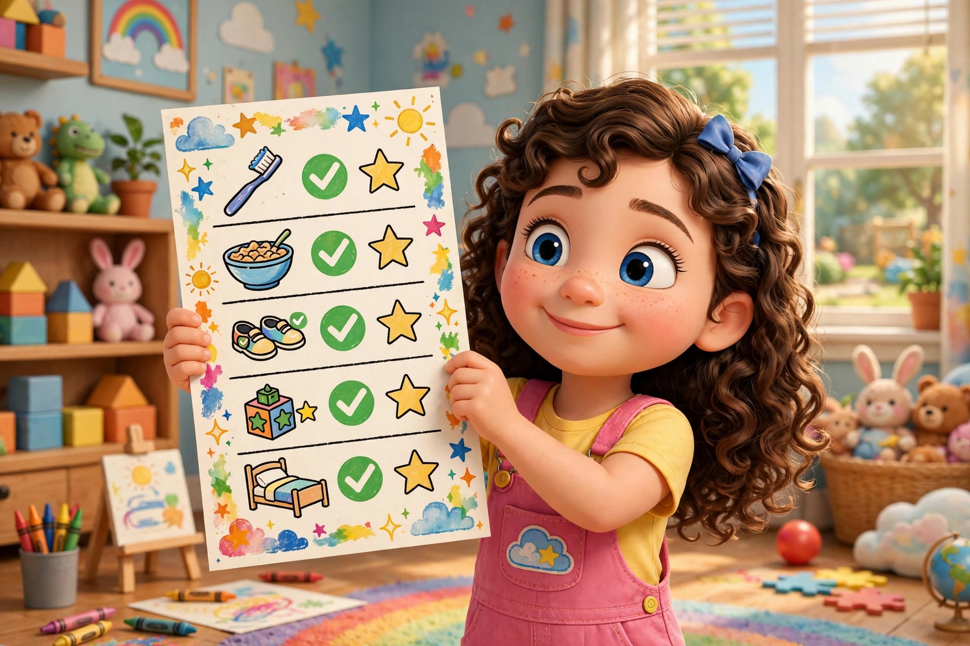 Amelia proudly holding up a colorful routine chart